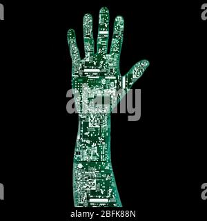 Menschliche Handfläche mit Mikrochip Bild auf sie isoliert auf schwarz Stockfoto