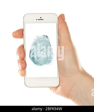 Fingerabdruck auf dem Bildschirm des Smartphones. Mobiles Sicherheitskonzept Stockfoto