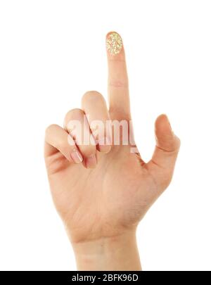 Zeigefinger mit Mikrochip-Bild auf ihm isoliert auf weiß Stockfoto