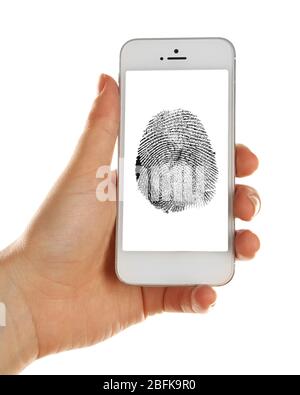 Fingerabdruck auf dem Bildschirm des Smartphones. Mobiles Sicherheitskonzept Stockfoto