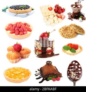 Collage von Desserts isoliert auf weiß Stockfoto