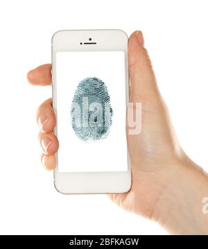Fingerprint  on screen of smartphone. Mobile security concept Stockfoto
