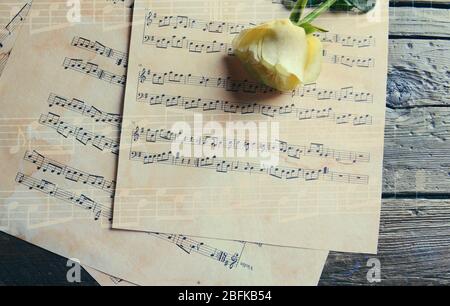 Schöne Rose auf Musik Blätter auf Holz- Hintergrund Stockfoto