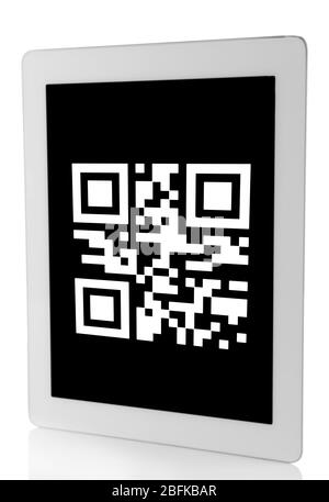 Tablet PC mit QR-Code auf dem Bildschirm Stockfoto