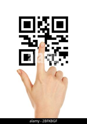 Hand drückt auf QR-Code Stockfoto