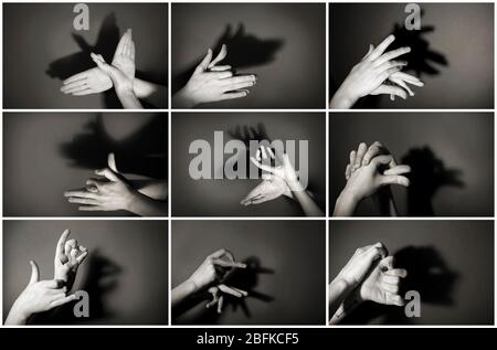 Hände Geste wie verschiedene Tiere und Figuren auf grauem Hintergrund Stockfoto