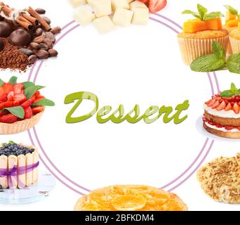 Collage von Desserts isoliert auf weiß Stockfoto