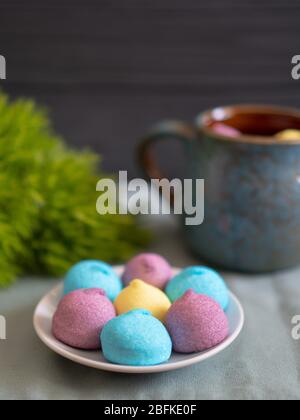 Morgengenuss und Kakao-Drink mit buntem Marshmallow. Morgens süß mit Kaffee und grüner Blume auf Vintage Serviette Stockfoto