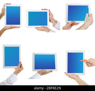 Hände halten Tablet-PC mit blauem Bildschirm, Collage Stockfoto