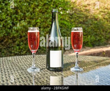 Zwei Flötengläser aus rosa Champagner und eine geöffnete Champagnerflasche mit einem leeren Etikett auf einer Glastisch-Platte in einem Garten. Platz für Kopie. Stockfoto