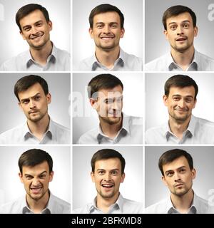 Collage des jungen Mannes, der verschiedene Emotionen ausdrückt Stockfoto