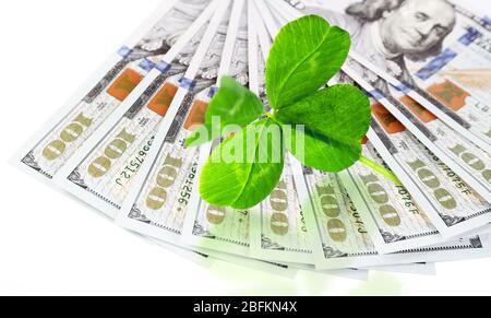 Kleeblatt und Dollar auf weißer Oberfläche Stockfoto