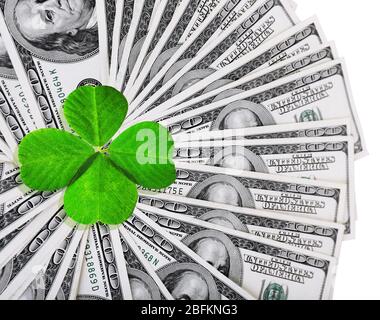 Kleeblatt und Dollar auf weißer Oberfläche Stockfoto