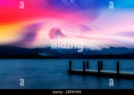 Lake Windermere Blick auf die Langdale Pikes bei Sonnenuntergang mit Twirl-Effekt am Himmel Stockfoto