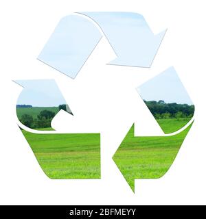 Drei Recycling-Pfeile auf weiß isoliert, Recycling-Konzept Stockfoto