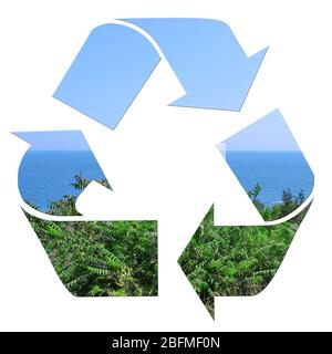 Drei Recycling-Pfeile auf weiß isoliert, Recycling-Konzept Stockfoto