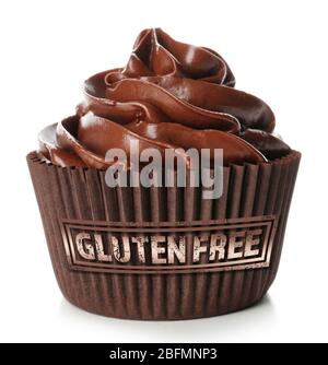 Schokolade Cupcake und Gluten-free-Zeichen mit Text auf weißem Hintergrund Stockfoto