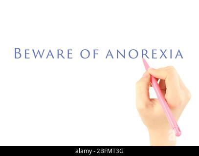 Menschliche Hand Schreiben Text Vorsicht vor Anorexia auf transparentem Whiteboard Stockfoto