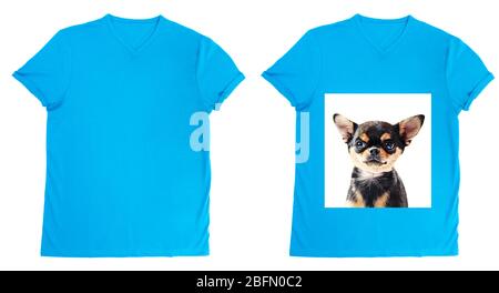 T-Shirt Design Konzept - leeres T-Shirt und T-Shirt mit Aufdruck von Hund Stockfoto