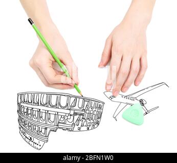 Menschliche Hände Zeichnung Kolosseum isoliert auf weiß Stockfoto