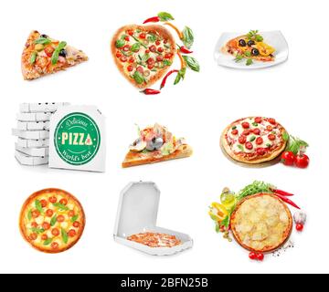 Collage aus verschiedenen Pizzen isoliert auf weiß Stockfoto