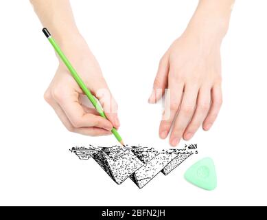 Menschliche Hände Zeichnung Pyramiden isoliert auf weiß Stockfoto