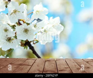 Leerer Holztisch und verschwommener blühender Baum auf Hintergrund Stockfoto