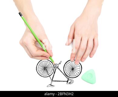 Menschliche Hände Zeichnung Fahrrad isoliert auf weiß Stockfoto