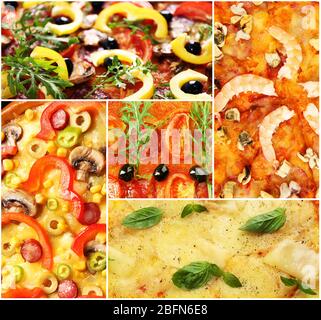 Verschiedene Pizzas Nahaufnahme in Collage Stockfoto