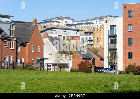 Gemischte Reihenhäuser, Doppelhaushälften und Wohnungen am Sinclair Drive und Winterthur Way im Stadtzentrum von Basingstoke, Basingstoke, Hampshire, Großbritannien Stockfoto