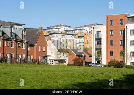 Gemischte Reihenhäuser, Doppelhaushälften und Wohnungen am Sinclair Drive und Winterthur Way im Stadtzentrum von Basingstoke, Basingstoke, Hampshire, Großbritannien Stockfoto