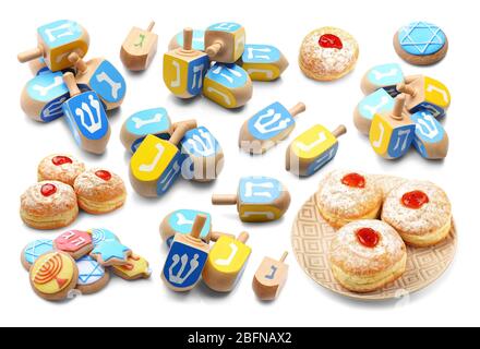 Hanukkah Collage auf weißem Hintergrund. Chanukkah-Konzept. Stockfoto