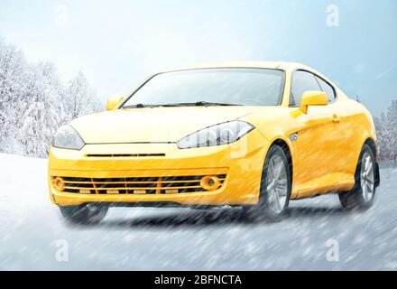 Auto auf Winter Landschaft Hintergrund Stockfoto