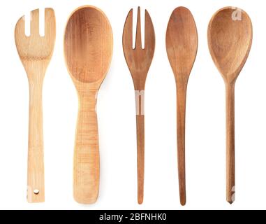 Wooden Kochutensilien auf weißem Hintergrund Stockfoto