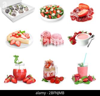 Collage aus verschiedenen Gerichten mit Erdbeere auf weißem Hintergrund Stockfoto