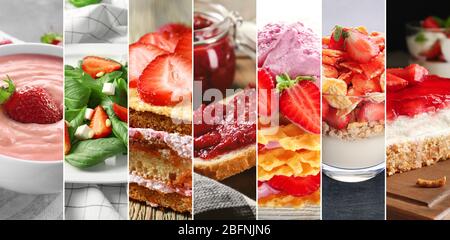 Collage aus verschiedenen Gerichten mit Erdbeere Stockfoto