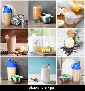 Collage mit proteinreichen Lebensmitteln und Shakes Stockfoto