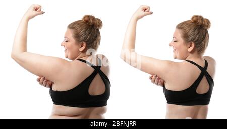 Junge Frau vor und nach dem Gewichtsverlust auf weißem Hintergrund. Gesundheit und Ernährung Konzept Stockfoto