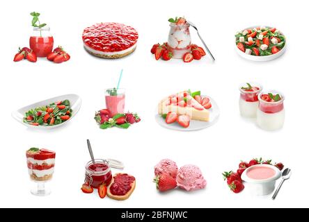 Collage aus verschiedenen Gerichten mit Erdbeere auf weißem Hintergrund Stockfoto