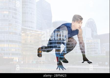 Doppelbelichtung von Laufenden und Stadtbild Hintergrund Stockfoto