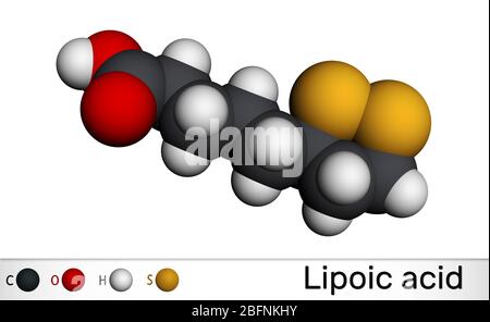 Liponsäure, LA, ALA, Alpha-Lipon, Thioctic-Säure, Lipoat-Molekül. Es ist organosulphur Verbindung, Vitamin-wie Antioxidans, Enzym Cofactor. Struktur Stockfoto