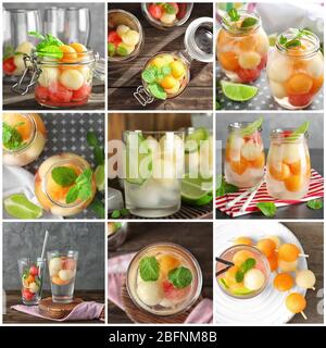 Collage aus köstlichen Cocktails mit Melonenbällchen in verschiedenen Gläsern Stockfoto