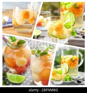 Collage aus köstlichen Cocktails mit Melonenbällchen in verschiedenen Gläsern Stockfoto