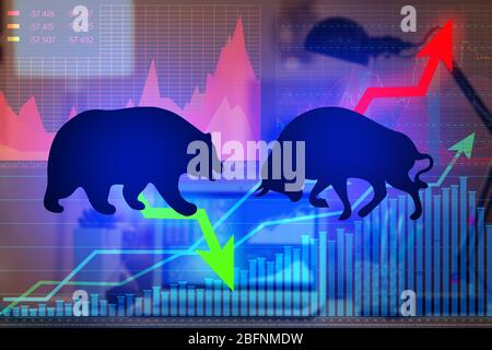 Konfrontation zwischen Bulle und Bär als Symbole des Finanzmarktes mit Diagrammen im Hintergrund. Konzept des Aktienhandels Stockfoto