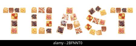 Word TOAST aus Brotscheiben mit verschiedenen Belägen auf weißem Hintergrund Stockfoto