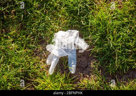 Entgrundener Latexhandschuh während der Coronavirus-Pandemie. Stockfoto