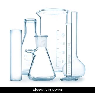 Set Laborglas auf weißem Hintergrund Stockfoto