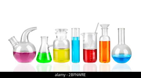Set Laborglas auf weißem Hintergrund Stockfoto