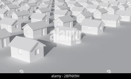 Kleine typische weiße Landhäuser auf einem flachen Boden, abstrakte cgi Dorf Darstellung, 3d-Rendering-Illustration Stockfoto