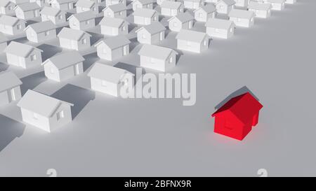 Ein Block von typischen kleinen weißen Landhäusern mit einem roten Außen, Selbstisolierung zu Hause und Quarantäne abstrakte cgi Darstellung, 3d-Rendering illu Stockfoto